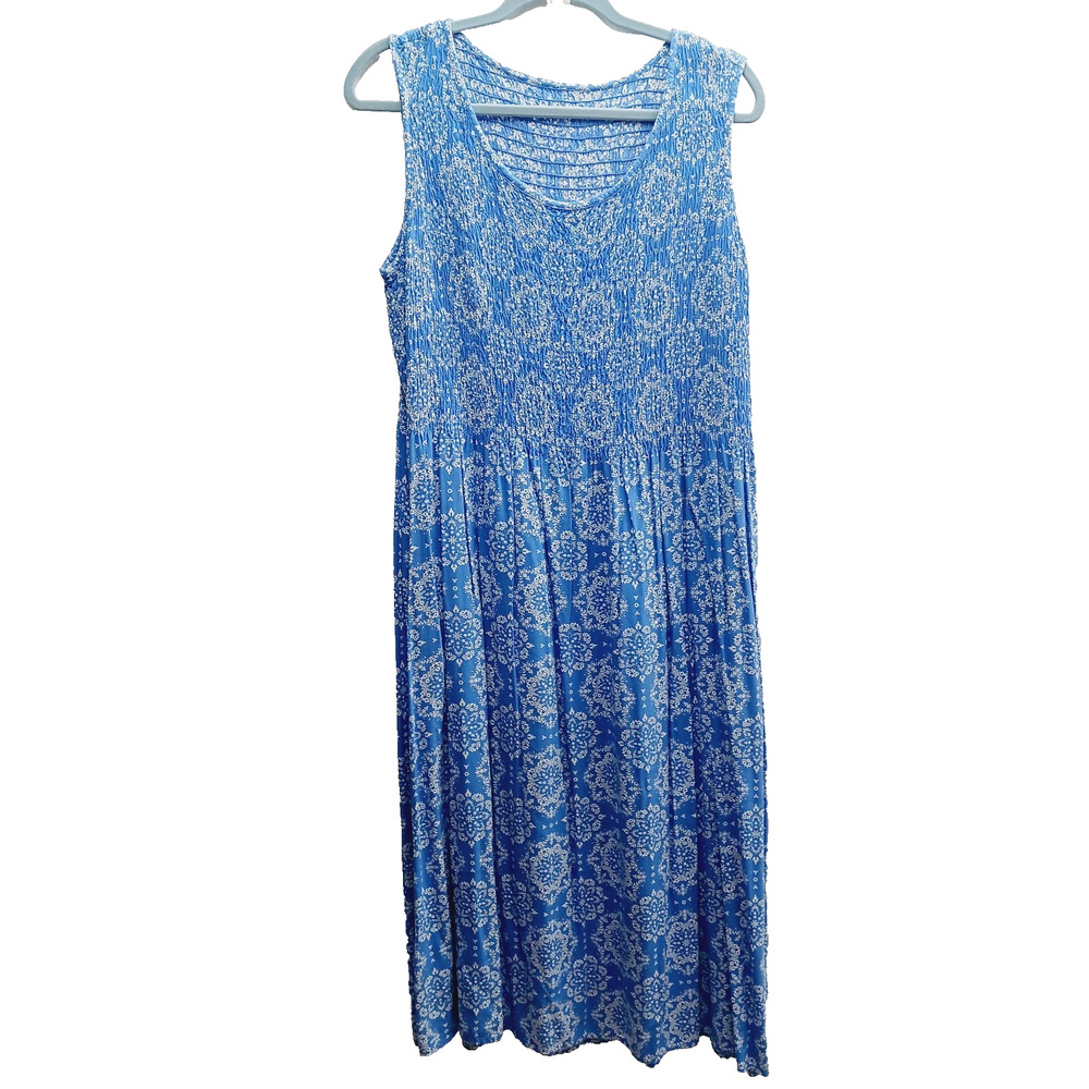 Dress Maxi Blue Floral Smocked Cottagecore Casual Soft Flowing Summer Size 1X